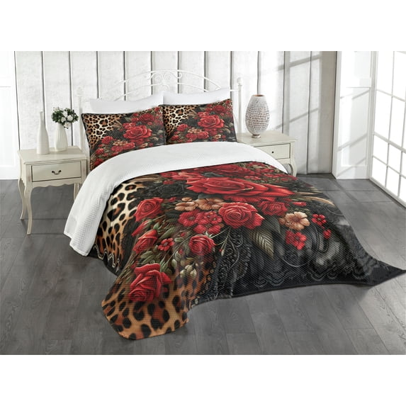 Ambesonne Leopard Print Quilted Bedspread Set 3 Pcs, Romantic Rose Lace, Queen Size, Red Sand Brown and Dark Grey