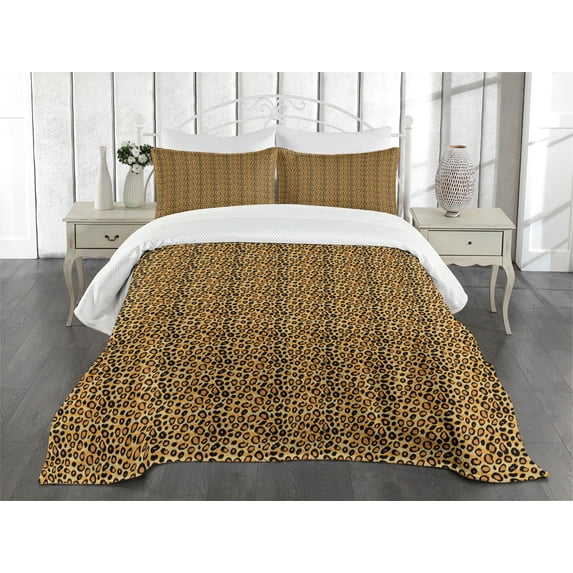 Ambesonne Leopard Print Quilted Bedspread Set 3 Pcs, Wild Feline Tile, Queen Size, Orange Black