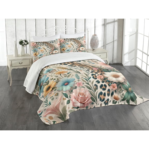 Ambesonne Leopard Print Quilted Bedspread Set 3 Pcs, Wild Springtime Bloom, King Size, Blush Pale Brown Blue