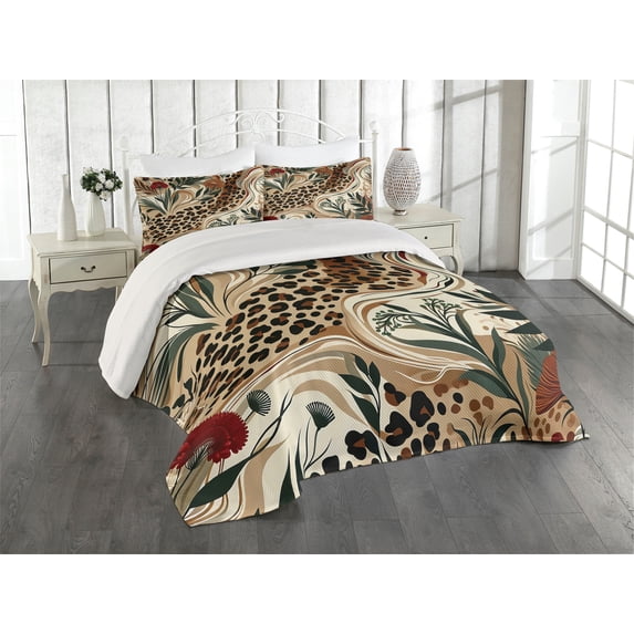 Ambesonne Leopard Print Quilted Coverlet 3 Pcs, Abstract Blend Earthy, King Size, Pastel Brown Forest Green