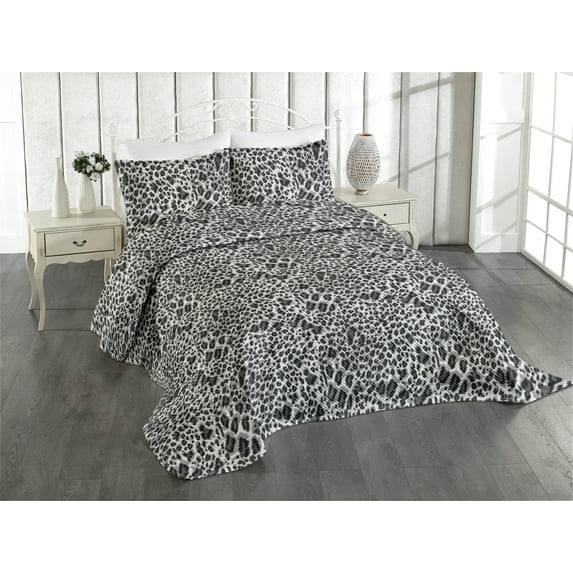Ambesonne Leopard Print Quilted Coverlet 3 Pcs, Grey Wild Cat Spots, Queen Size, Black and Grey
