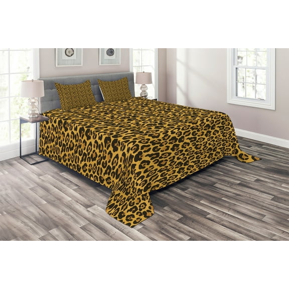 Ambesonne Leopard Print Quilted Coverlet 3 Pcs, Natural Animal Skin, King Size, Earth Yellow Amber