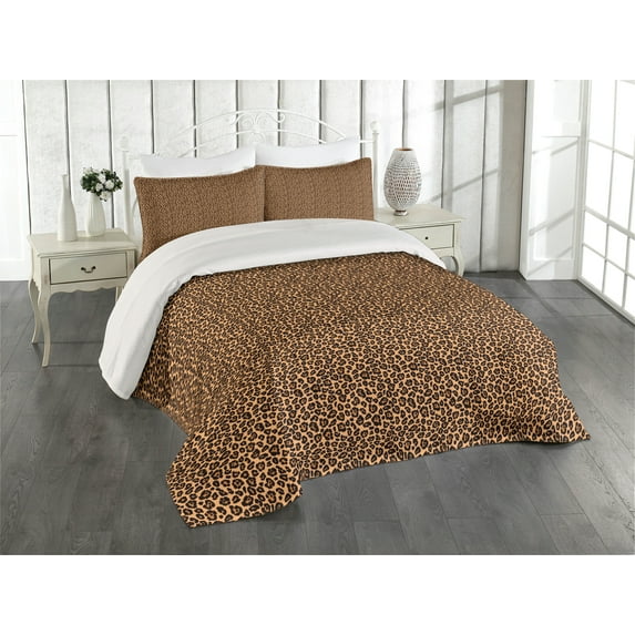 Ambesonne Leopard Print Quilted Coverlet 3 Pcs, Orange Exotic African, Queen Size, Orange and Black