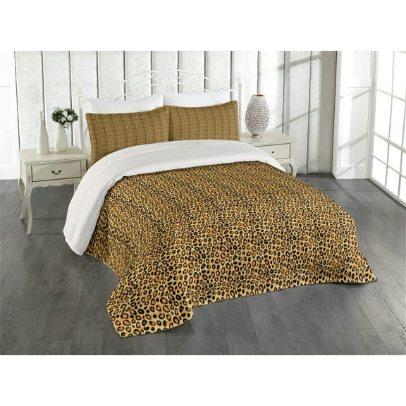 Ambesonne Leopard Print Quilted Coverlet 3 Pcs, Wild Feline Tile, King Size, Orange Black