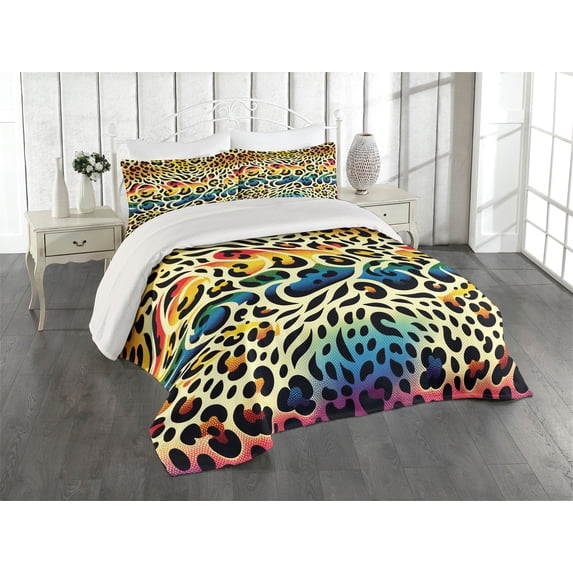Ambesonne Leopard Print Quilted Coverlet 3 Pcs, in Rainbow Colors, Queen Size, Yellow and Multicolor