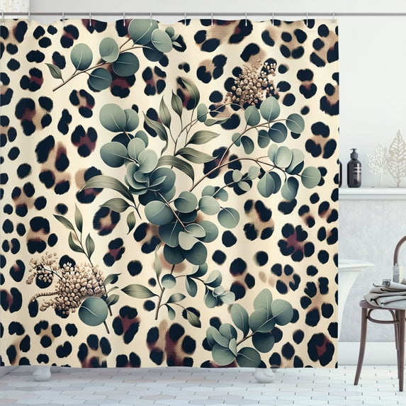 Ambesonne Leopard Print Shower Curtain, Bold Eucalyptus Leaf, 69"Wx84"L, Camel and Laurel Green
