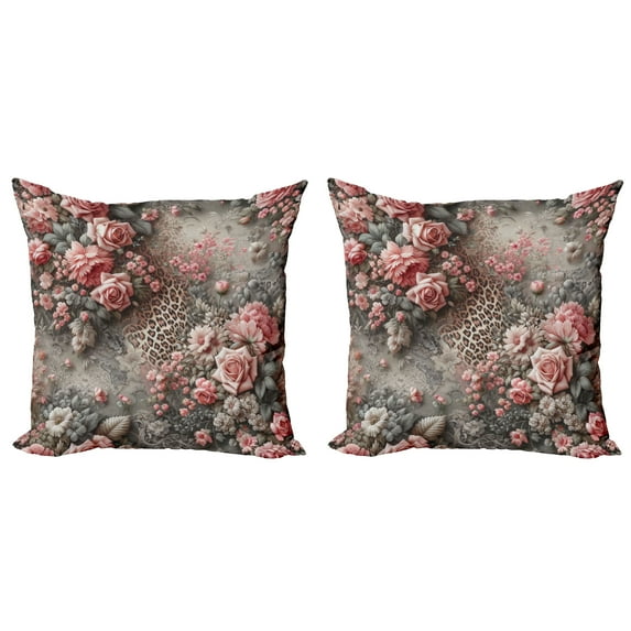 Ambesonne Leopard Print Throw Pillow Cover 2 Pack, Medieval Rose Garden, 20", Pale Pink Laurel Green