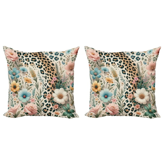 Ambesonne Leopard Print Throw Pillow Cover 2 Pack, Wild Springtime Bloom, 18", Blush Pale Brown Blue