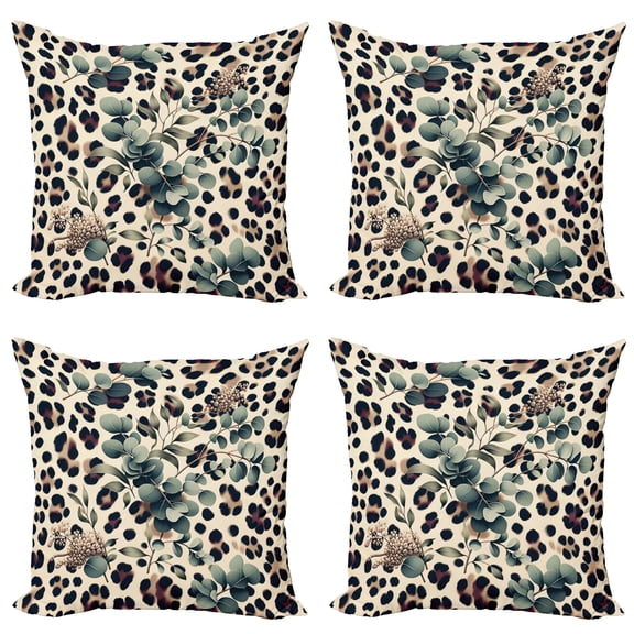 Ambesonne Leopard Print Throw Pillow Cover 4 Pack, Bold Eucalyptus Leaf, 16", Camel and Laurel Green