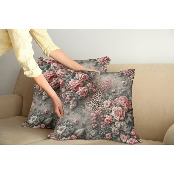 Ambesonne Leopard Print Throw Pillow Cover Pack of 2, Medieval Rose Garden, 2 Pcs-36"x16", Pale Pink Laurel Green