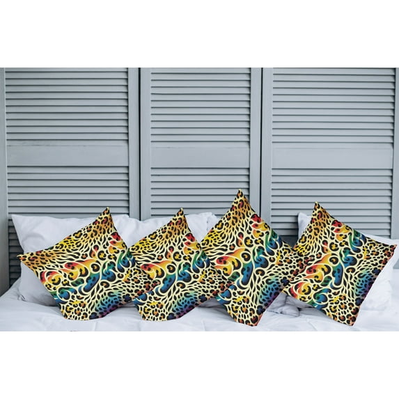 Ambesonne Leopard Print Throw Pillow Cover Pack of 4, in Rainbow Colors, 4 Pcs-40"x40", Yellow and Multicolor