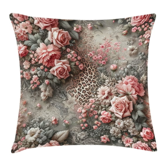 Ambesonne Leopard Print Throw Pillow Cushion Cover, Medieval Rose Garden, 20" X 20", Pale Pink Laurel Green