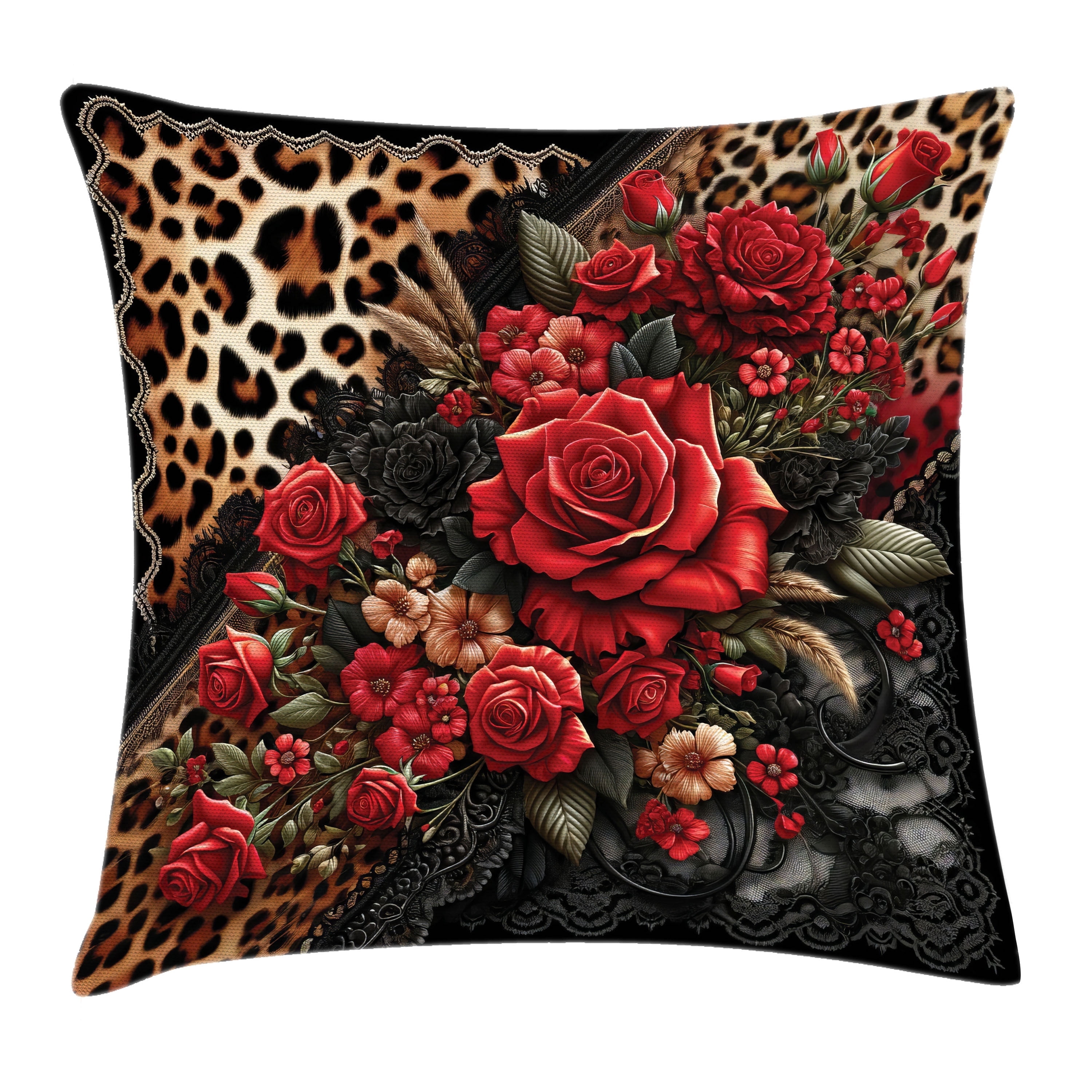 Red and Leopard Floral Polyester Square Pillow Cover