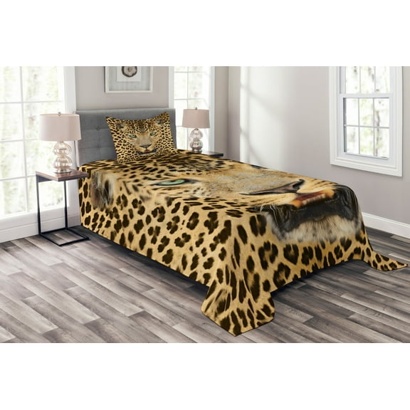 Ambesonne Leopard Quilted Bedspread Set 2 Pcs, Predator Animal, Twin Size, Brown and Pale Brown