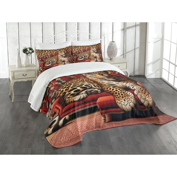 Ambesonne Leopard Quilted Bedspread Set 3 Pcs, Big Cat on Sectional Sofa, Queen Size, Red Apricot Dark Salmon