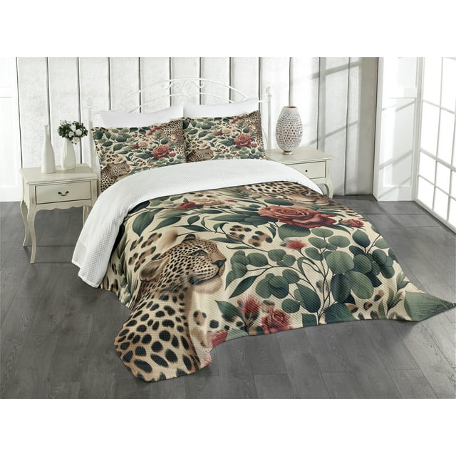 Ambesonne Leopard Quilted Bedspread Set 3 Pcs, Roses Leaves Wild Animals, King Size, Peacock Green and Caramel