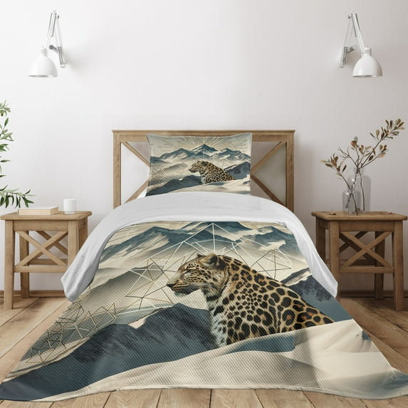 Ambesonne Leopard Quilted Coverlet 2 Pcs, Boho Mountains and Wild Cat, Twin Size, Cadet Blue and Sand Brown