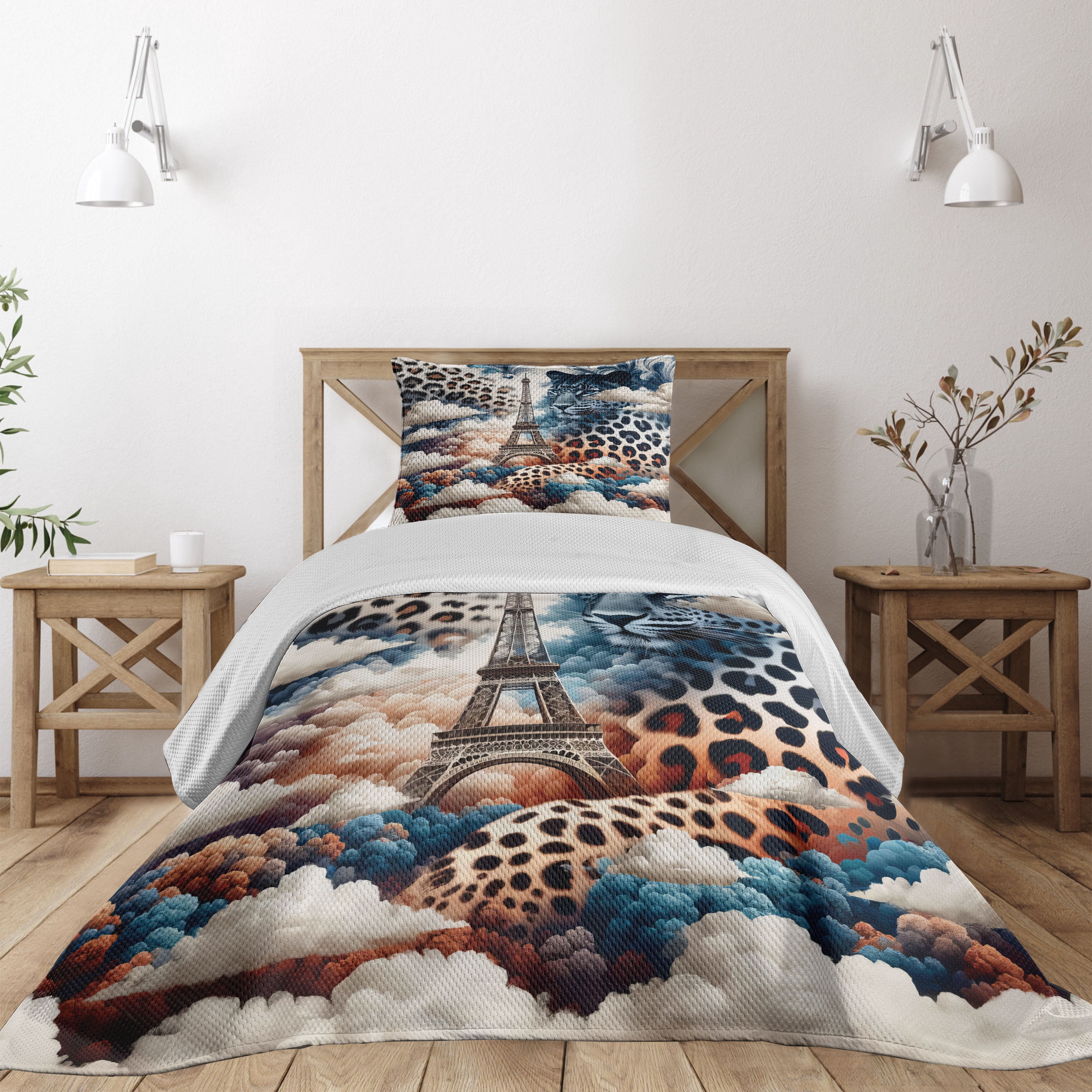 Coverlet Rust Ambesonne Leopard Quilted Coverlet 2 Pcs, Eiffel Clouds and Wild Cat ...