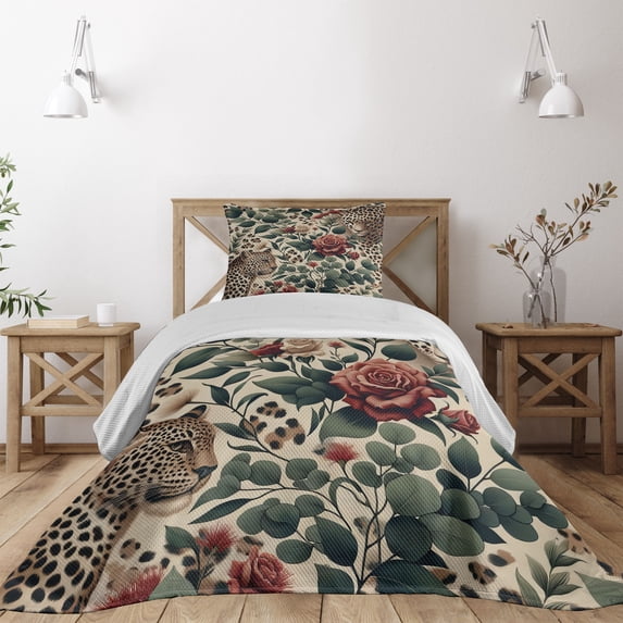 Ambesonne Leopard Quilted Coverlet 2 Pcs, Roses Leaves Wild Animals, Twin Size, Peacock Green and Caramel