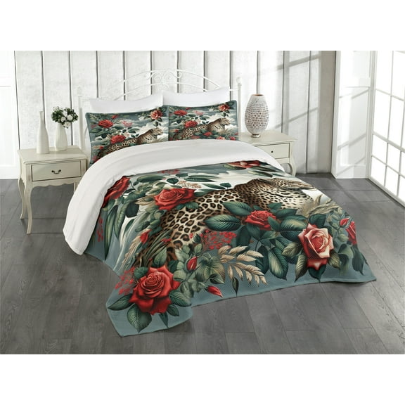 Ambesonne Leopard Quilted Coverlet 3 Pcs, Roses Wild Animal on Clouds, King Size, Grey Teal and Scarlet