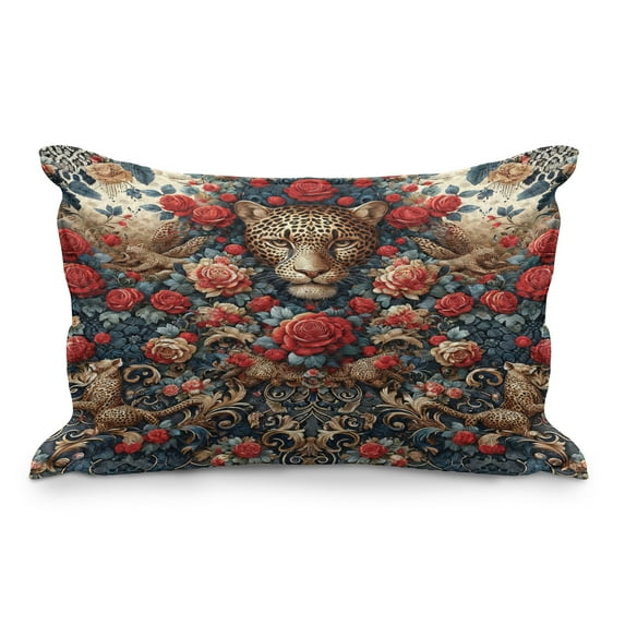 Ambesonne Leopard Quilted Pillowcover, Rich Rococo Style Roses, 36" x 20", Dark Coral Caramel and Blue
