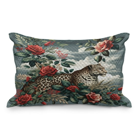 Ambesonne Leopard Quilted Pillowcover, Roses Wild Animal on Clouds, 36" x 20", Grey Teal and Scarlet