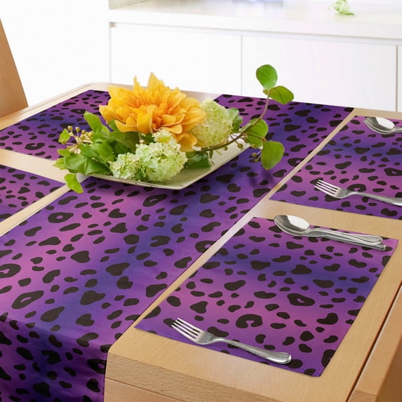 Ambesonne Leopard Rainbow Table Runner & Placemats, Purple Ombre Spots, Placemat 4 pcs + Runner 12"x72", Quartz Fuchsia and Black