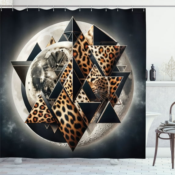 Ambesonne Leopard Shower Curtain, Polygonal Globe Full Moon, 69"Wx75"L, Dark Blue Grey and Amber
