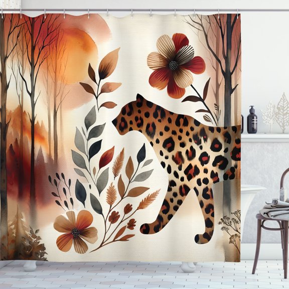 Ambesonne Leopard Shower Curtain, Wild Autumn Woodland Art, 69"Wx70"L, Burnt Sienna Amber and Grey
