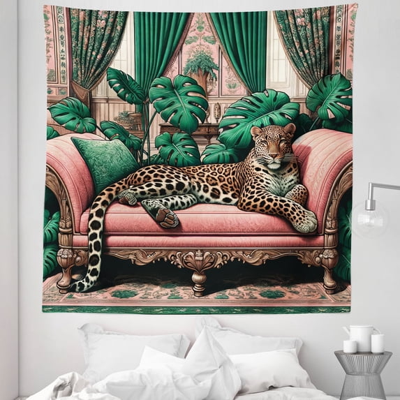 Ambesonne Leopard Tapestry Queen Size, Monsteras Wild Cat Lounge, 88"x88", Pink and Jade Green