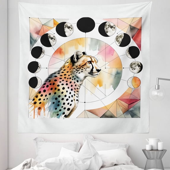 Ambesonne Leopard Tapestry Queen Size, Watercolor Art Poly Moon, 88"x88", Coral Rose and Pale Teal