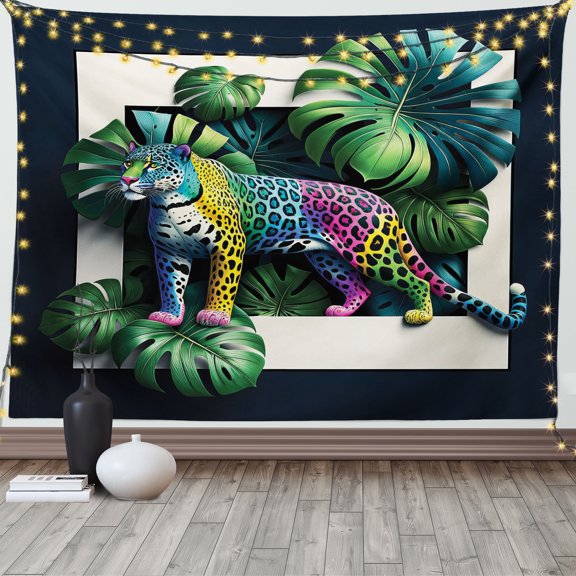 Ambesonne Leopard Tapestry Wall Hanging, Monstera Colorful Wilds, 80"x60", Green Petrol Blue