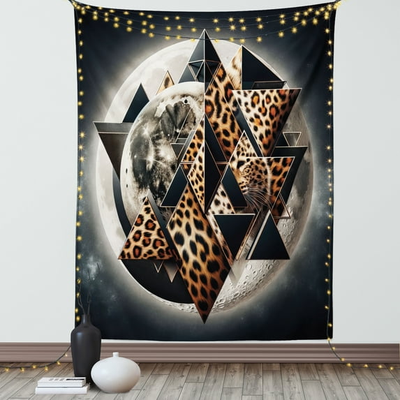 Ambesonne Leopard Tapestry Wall Hanging, Polygonal Globe Full Moon, 60"x80", Dark Blue Grey and Amber