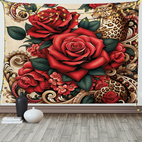 Ambesonne Leopard Tapestry Wall Hanging, Red Roses Swirls Wild Cat, 80"x60", Vermilion Caramel Beige