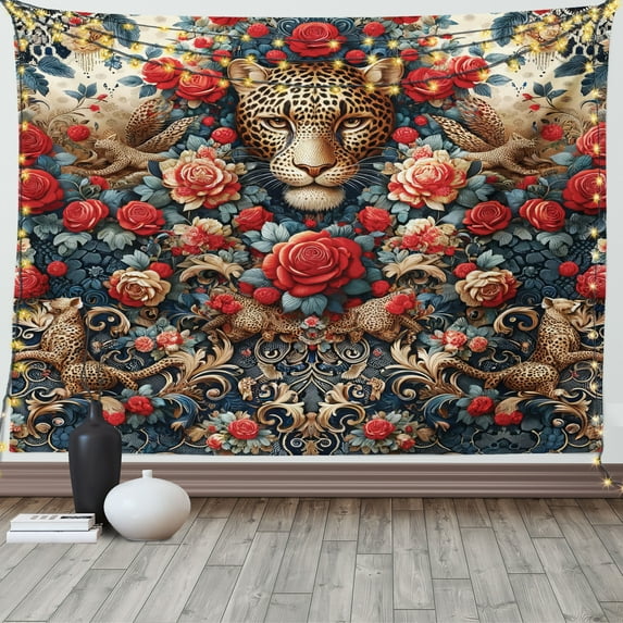 Ambesonne Leopard Tapestry Wall Hanging, Rich Rococo Style Roses, 60"x40", Dark Coral Caramel and Blue