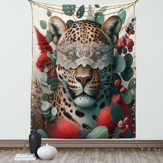 Ambesonne Leopard Tapestry Wall Hanging, Savage Cat Lace Eucalyptus, 60"x80", Laurel Green Vermilion
