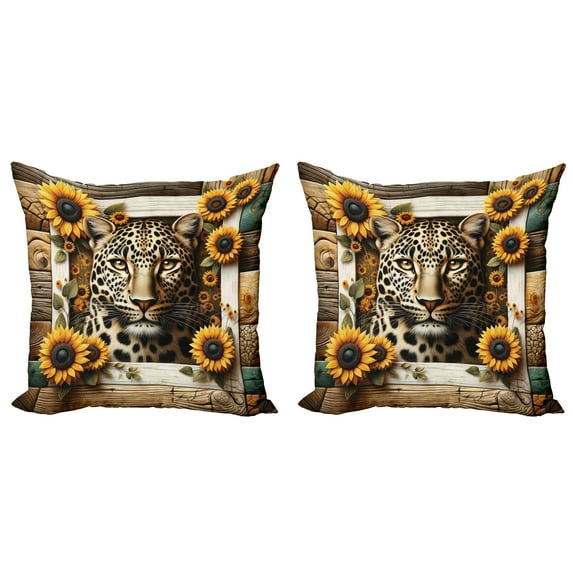 Ambesonne Leopard Throw Pillow Cover 2 Pack, Farmhouse Sunflowers Rustic, 16", Earth Yellow and Caramel