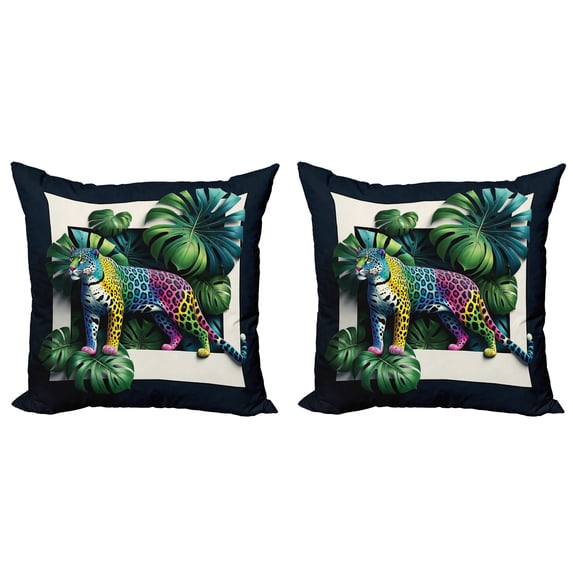 Ambesonne Leopard Throw Pillow Cover 2 Pack, Monstera Colorful Wilds, 24", Green Petrol Blue