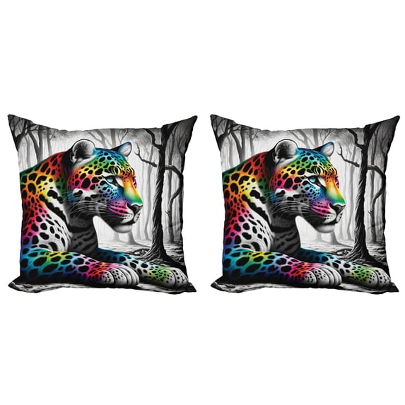 Ambesonne Leopard Throw Pillow Cover 2 Pack, Rainbow Cat in Greyscale, 16", Grey Multicolor