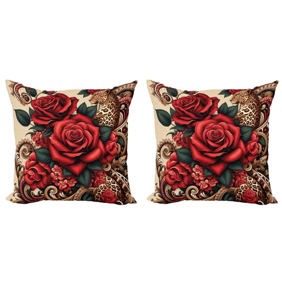 Ambesonne Leopard Throw Pillow Cover 2 Pack, Red Roses Swirls Wild Cat, 18", Vermilion Caramel Beige