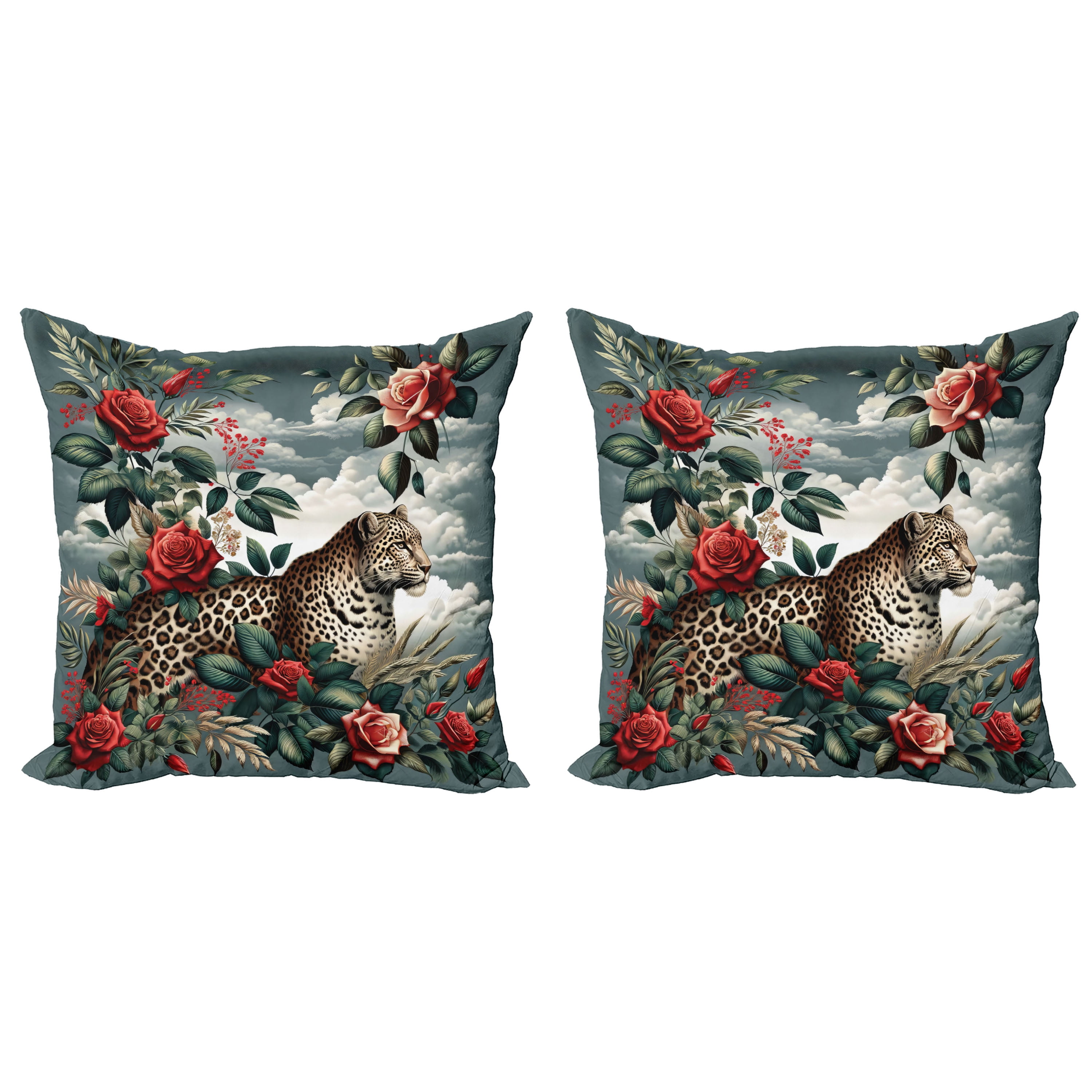 Leopard and Roses Reversible Microfiber Throw Pillow Covers, Set of 2