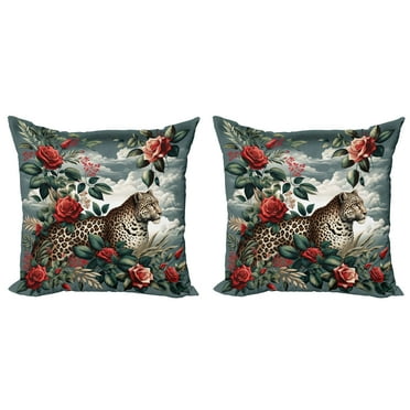 Ambesonne Leopard Throw Pillow Cover 2 Pack, Roses Wild Animal on Clouds, 16", Grey Teal and Scarlet