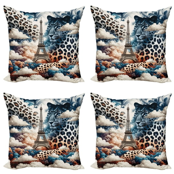 Ambesonne Leopard Throw Pillow Cover 4 Pack, Eiffel Clouds and Wild Cat, 24", Night Blue Rust Eggshell