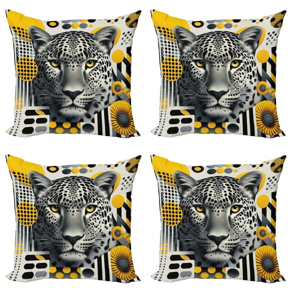 Ambesonne Leopard Throw Pillow Cover 4 Pack, Mid Century Modern Wild Cat, 16", Charcoal Grey and Mustard