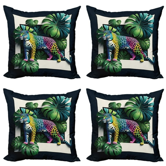 Ambesonne Leopard Throw Pillow Cover 4 Pack, Monstera Colorful Wilds, 24", Green Petrol Blue