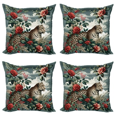 Ambesonne Leopard Throw Pillow Cover 4 Pack, Roses Wild Animal on Clouds, 16", Grey Teal and Scarlet