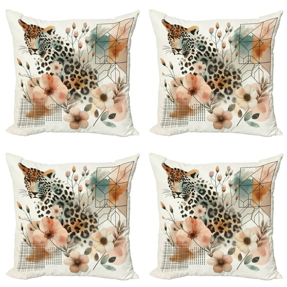 Ambesonne Leopard Throw Pillow Cover 4 Pack, Tender Abloom Watercolor, 24", Peach Ginger and Grey Teal