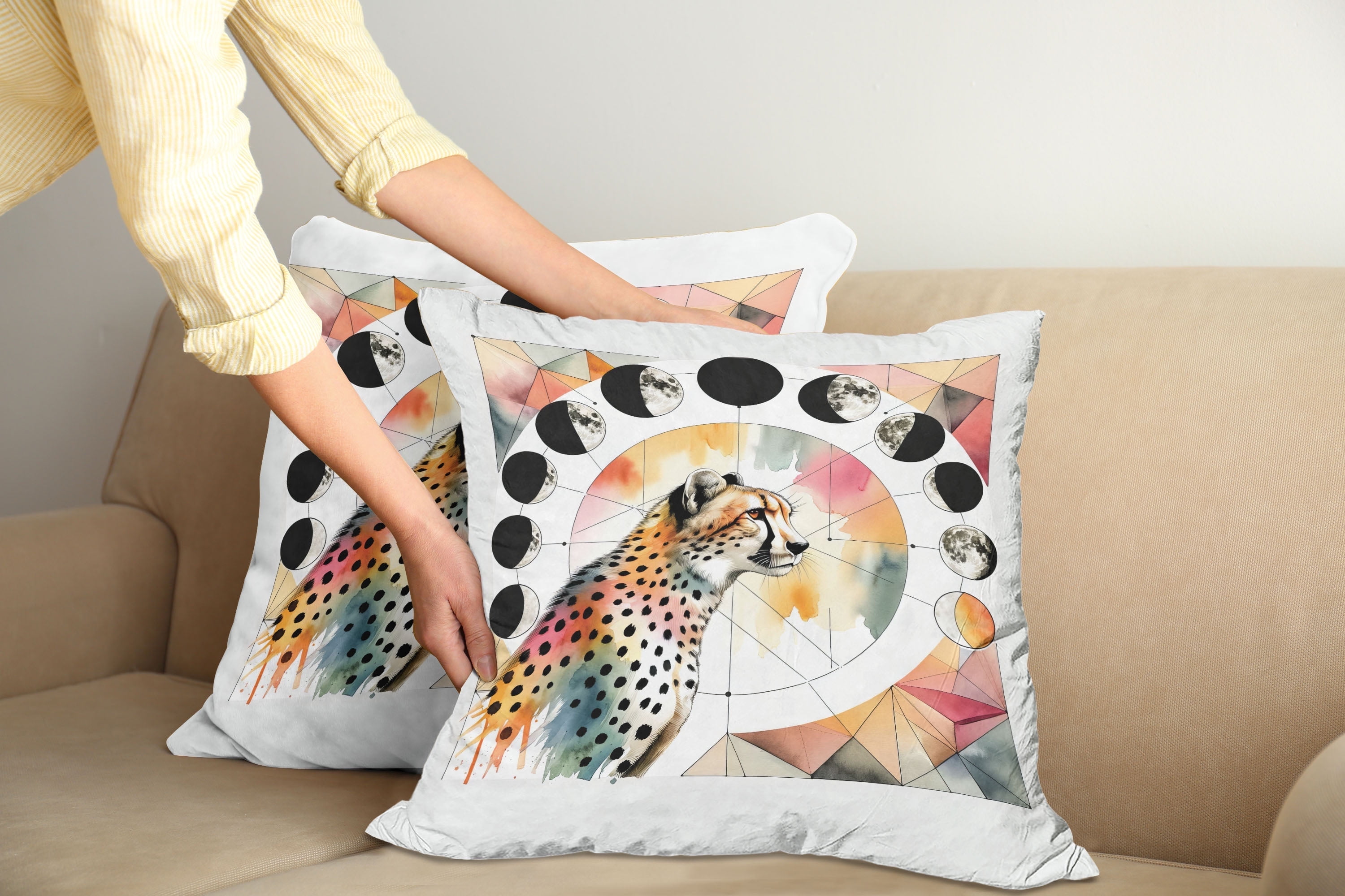 Coral Rose and Pale Teal Leopard Polyester Throw Pillow Covers 24" x 24"