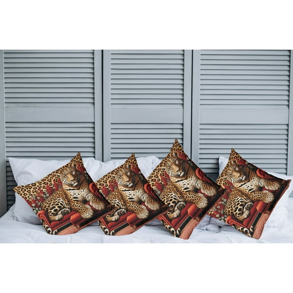 Ambesonne Leopard Throw Pillow Cover Pack of 4, Big Cat on Sectional Sofa, 4 Pcs-36" x 16", Red Apricot Dark Salmon