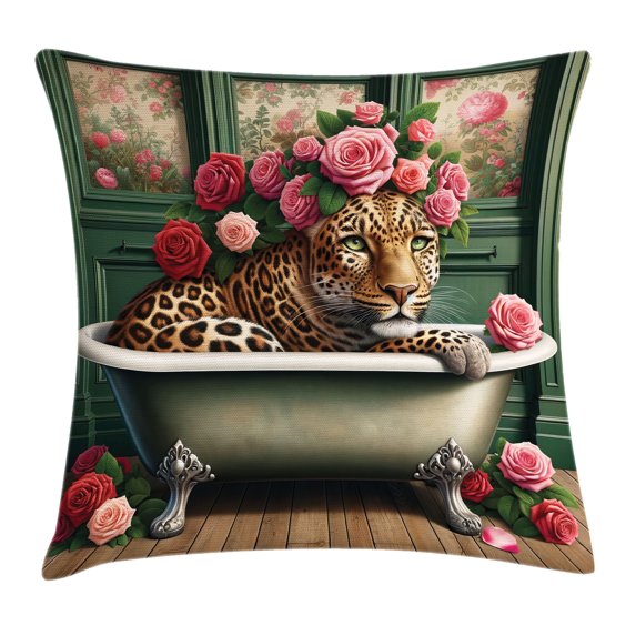 Ambesonne Leopard Throw Pillow Cushion Cover, English Roses Wild Animal, 20" X 20", Reseda Green and Pink